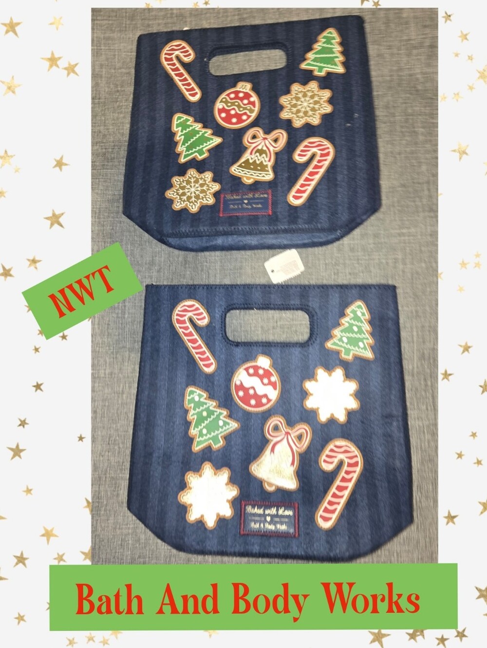 Bath & Body Works Dark Blue Holiday Tote with Red, Green & White Appliqués